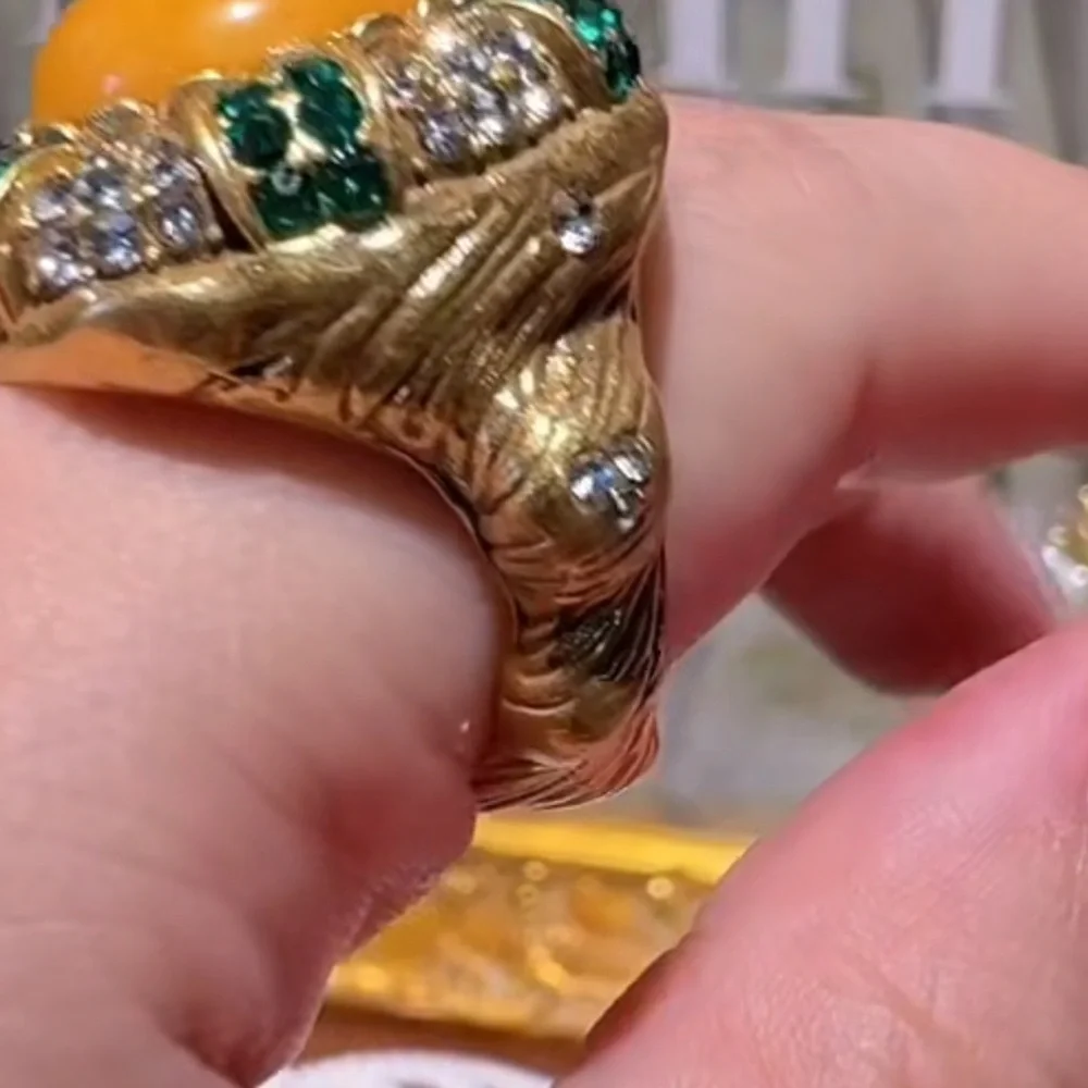 Anthropolgie Cabochon Ring Bold Amber Center Emerald & Diamond Timeless Elegance